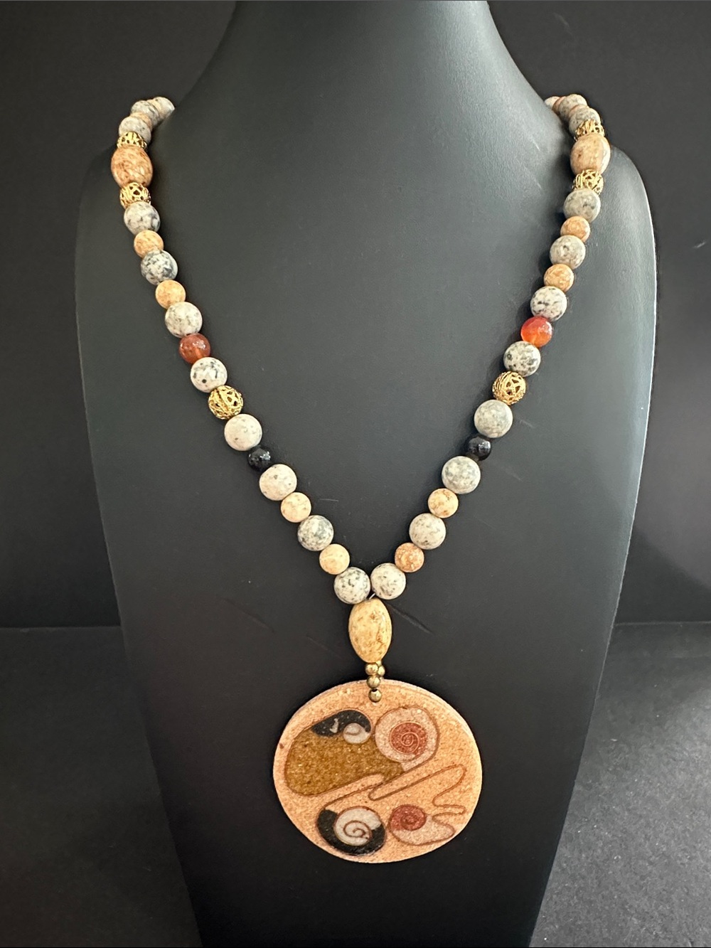 Vintage Natural Stone Medallion Necklace Abstract Design Earth Tones